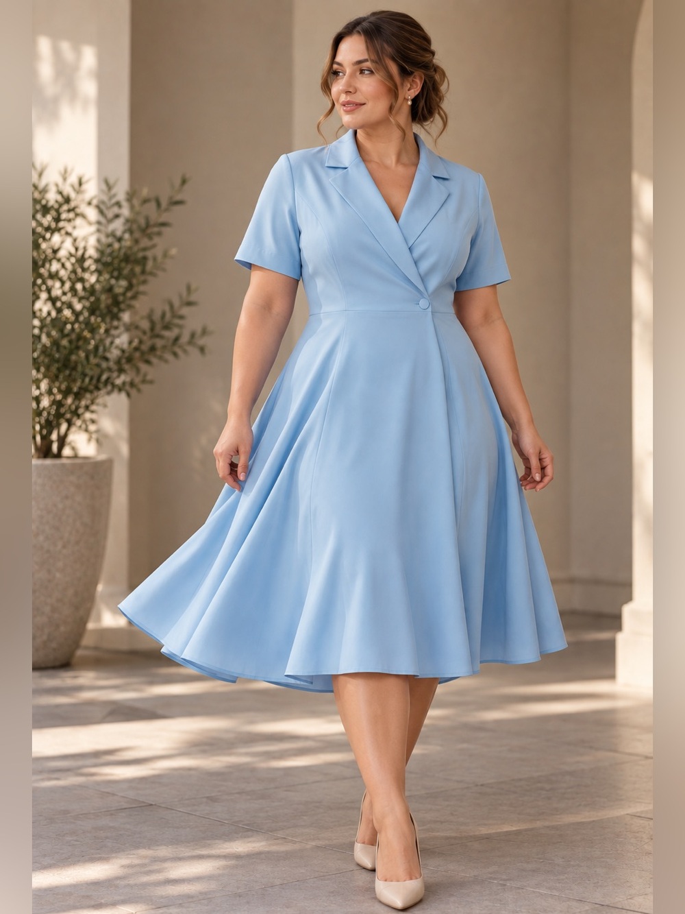 Women’s Sky Blue Blazer Wrap Midi Dress Short Sleeve A-Line Elegant Sz XXL 18-20